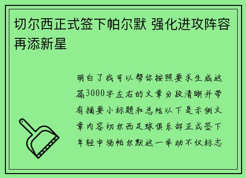 切尔西正式签下帕尔默 强化进攻阵容再添新星