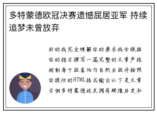 多特蒙德欧冠决赛遗憾屈居亚军 持续追梦未曾放弃